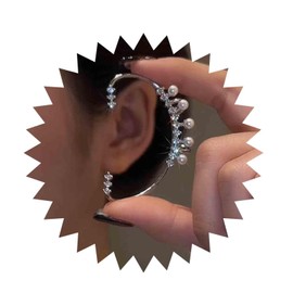 Allereya Bohemia Pearl Crystal Cuff Wrap Earrings Silver Pearl Ear Wrap Earrings Cz Pearl Ear Wrap Earrings Non Pierced Clip on Earrings Jewelry for Women and Girls (Left)