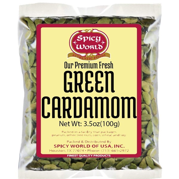 Spicy World Cardamom Pods 3.5oz (100g) - Whole Green Cardamom Pods - Natural Spice, Vegan, Large, Aromatic Cardomon- By Spicy World