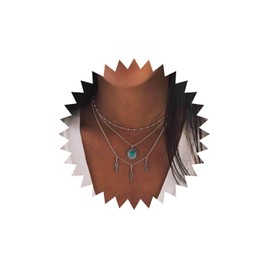 Aneneiceera Boho Multilayer Turquoise Necklace Silver Vintage Ethnic Sunflower Necklace Tassel Leaves Layered Statement Sun Feather Pendant Necklace Jewellery for Women and Girls, Metal Material,
