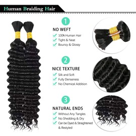 Human Braiding Hair for Boho Braids 16-24 Inch Deep Wave Bulk Human Hair for Braiding No Weft Brazilian Human Hair Extensions Wet and Wavy Curly Human Hair Boho Braiding Hair 2 Bundles 100g (16inch)