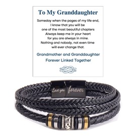 Grandmother and Granddaughter Forever Linked Together Braided Leather Bracelet, To My Granddaughter Infinity Knot Leather Bracelet Stainless Steel Engraved Jewelry for Birthday Christmas（19CM Bead LYF）