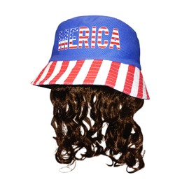 USA Mullet Bucket Hat Brown Wig Merica 4th of July All American Costume