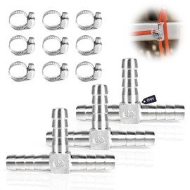 SUPAWAY Set of 3 Three Way Connector 8 mm Hose Fitting, 304 Stainless Steel Hose Nozzle T Piece Joiner, Hose Adapter with 9 Clips Connector for Air, Fuel, Water, Gas, Oil Pipe
