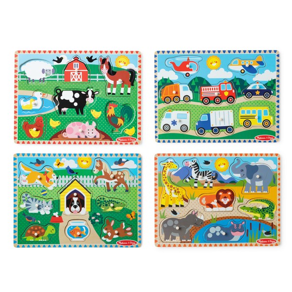 Melissa & Doug Wooden Peg Puzzle Set – 4-Pack Vehicle,