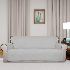 PureFit Reversible Quilted Sofa Cover, Water Resistant Slipcover Furniture Protector, Washable Couch Cover with Non Slip Foam and Elastic Straps for Kids, Pets (Sofa,Light Gray/Ivory) Large