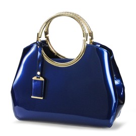 HOXIS Charm Glossy Metal Grip Structured Shoulder Handbag Top Handle Patent Leather Handbags for Women (Navy)