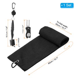 PATIKIL 16"x16" Tri-fold Golf Towels, Microfiber Waffle Pattern Towels with Club Groove Cleaning Brush and Foldable Divot Tool for Golf Bags Club, Black