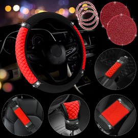 JINGSEN 11 PCS Bling Rhinestones Leather Car Accessories Set,Bling Steering Wheel Cover for Women,Center Console Armrest Pad Belt Cover Handbrake Gear Cover Coasters Full Set for Car SUV