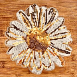 The Patch Bunker Gold & White Daisy Sequin Patch – 9in Embroidered Floral Sew-On for Jackets & Ba