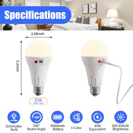 Powfloven Cordless Rechargeable Battery Operated Light Bulbs with Remote, 2 Pack E26 Wireless LED Battery Powered Light Bulb for Non-Hardwired Lamps, 500LM, 3 Color Temperatures, Dimmable, Timer