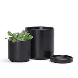 D'vine Dev 3.5 Inch & 4.6 Inch Ceramic Planter Pots for Plants with Drainage Hole and Saucer, X-Small Plant Pots Set, Black, 94-G-XS-2