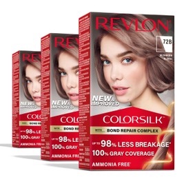 Revlon ColorSilk with Bond Repair Complex, Blonde Permanent Hair Color, 100% Gray Coverage, Ammonia Free Hair Dye, Vegan Keratin, 72B Mushroom Blonde (Pack of 3)