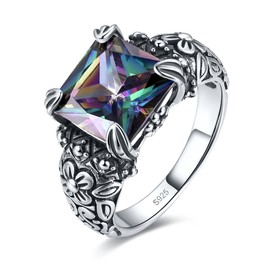 Merthus 10x10mm Princess Cut Simulated Mystic Rainbow Topaz Antique Design Black Oxidized Finish 925 Sterling Silver Floral Band Gemstone Ring for Women Size 6