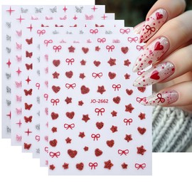 6Pcs Glitter Star Butterfly Nail Stickers 3D Self Adhesive Nail Decals Five-Pointed Star Heart Bow Design Nail Art Sticker Shiny Valentines Day Nail Supplies Decoration for Women Manicure Accessories