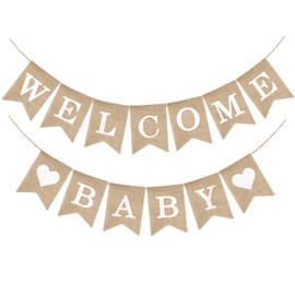 Baby Shower Banner, Vintage Burlap Baby Shower Decorations for Gender Reveal and Welcome Baby Party - Rustic Baby Garland and Flags (WELCOME BABY)