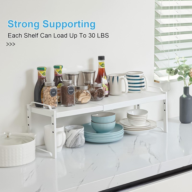 2 Pack Expandable Kitchen Cabinet Shelves Organizers, Stackable Adjustable Small