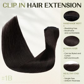 S-noilite 16 Inch Clip in Hair Extensions 100% Human Hair 8Pcs 18Clips Normal Weft Full Head Clip in Hair Extensions for Women Silky Straight Natural Black Real Hair Extension(65g,#Natural Black)