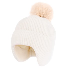 FURTALK Toddler Baby Winter Hat Toddler Warm Fleece Lined Earflap Knit Kids Hat Infant Newborn Pom Pom Hat Beanie Girls Boys Unisex White
