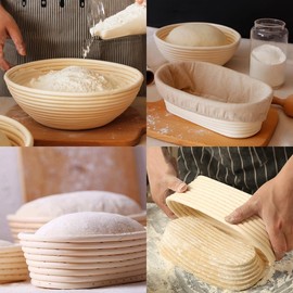 Sourdough Bread Baking Supplies, 2 Pack Banneton Bread Proofing Basket 10 inch Round & 10 inch Oval Proofing Bowls for Sourdough Bread with Liner Making Baking Fermentation Tools