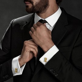 HAWSON Initial Cufflinks for Men with USA Flag Design, 18K Gold Letter Monogram Cuff Links Suits Shirt Studs for Wedding Party