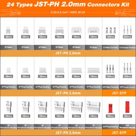 Crimping Tool JST PH 2.0 Connector Kit,with 24 Styles 2.0mm JST-PH Connectors 2/3/4/5/6/7 Pin-Header + JST-SYP Connector, PEBA 0,03-0,5mm² Crimping Pliers for PH, Dupont,JST Series,Molex,IC Connectors