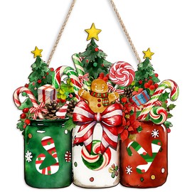 Kercan Christmas Mason Jar Welcome Sign for Front Door, Wooden Hanging Gingerbread Xmas Decoration, 12x12 Inch Wall Hanging for Home Decor Xmas Party (Green Red)