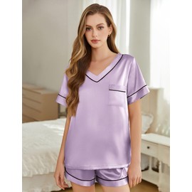 SHEFOTY Silk Pajamas for Women Short Sleeve Satin 2 Piece Pj Set Soft V Neck Sleepwear Loungewear, S-XXL Lavender