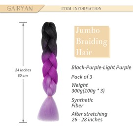 Gairyan Jumbo Braids, Extensions, Synthetic Hair for Braiding, 3 Pieces, Braiding Hair Extensions, 60 cm, Ombre, Synthetic Braids, Afro Hair, Box Braids/Crochet Braids, Black & Purple & Light Purple