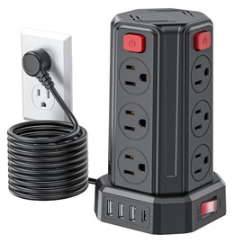 SMALLRT Torre Regleta Multicontacto Pared con 1700J Protector contra Sobretensión, Extension Electrica 3.04M, Conector Multiple con 12 Enchufes y 4 Puertos USB (1 USB C), Hogar Dorm Oficina, Negro