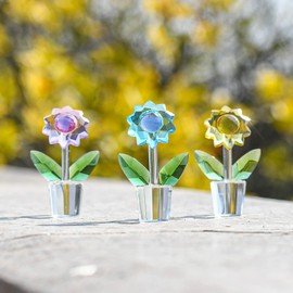 LONGWIN 3pcs Crystal Sunflower Figurines Glass Spring Bouquet Flower Collectible Figurine Lucky Home Decor Ornaments Gift Idea for Mothers Day, Birthday, Christmas Day