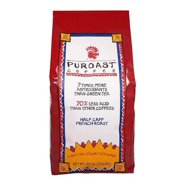 Puroast Low Acid Whole Bean Coffee, Half Caff French Roast, High Antioxidant, 2.5 Pound Bag