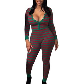 SANSIWU Women's V Neck Cute Sherpa Romper Fleece Onesie Pajama One-Piece Zipper Romper Sexy One Piece Jumpsuit Sleepwear with Pockets (A-Red and Green, M)