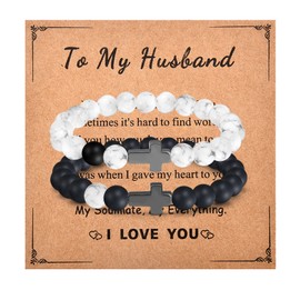 To My Boyfriend Gifts - Couple Bracelets Gifts with Sweet Message Card, Cross Charm Long Distance Touch Bracelets, Natural Bead Bracelets for Boyfriend Husband Anniversary Valentines Day Gifts