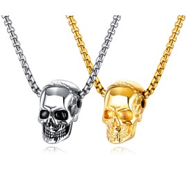 Kawailay Set of 2 Skull Necklaces Retro Skull Pendant Chain Gothic Rock Punk Hip Hop Chain Rapper Biker Cool Necklace for Men Gold and Silver, Metal