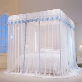 Blue Plaid Lace Bed Mosquito Net (150x200 cm) Steel Frame
