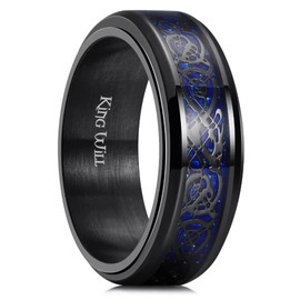 King Will Black Fidget Ring Celtic Dragon Spinner Ring Stainless Steel Ring Blue Carbon Fiber Inlay 8mm Anxiety Ring For Men and Women 14