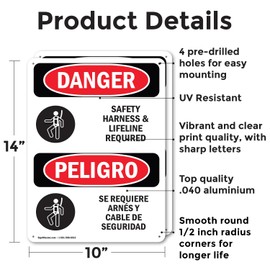 (2 Pack) Safety Harness And Lifeline Required Bilingual OSHA Danger Sign 10 Inch X 14 Inch Indoor/Outdoor Rust-Free Aluminum Metal Signs for Workplace, Workshop, and Construction Site