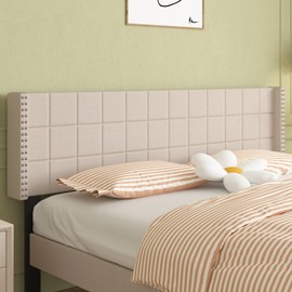 VECELO Headboard King Size, Linen Upholstered Headboards Only with Nailhead Trim Wingback, Square Stitched Design, Adjustable Height from 40" to 49.8", Oatmeal