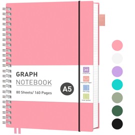 RETTACY A5 Notebook Grid Graph Paper, Spiral Notebook 160Pages/80 Sheets Journal for Women Men,Notepad with 100gsm Paper for Writing,PVC Pocket, Pen Loop, Ruler, Bookmark,14.5 x 20.7cm- Pink