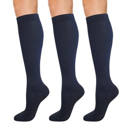 KONY Womens Cotton Knee High Socks - Casual Solid & Triple Stripe Colors Fashion Socks 3 Pairs (Womens Shoe Size 5-10) (Navy - 3 Pairs)