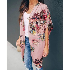 Ivay Womens Floral Kimono Duster Cardigans Short Sleeve Draped Oversized Beach Cover Up Cape, Pink, Large