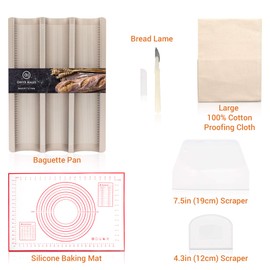 Onyx Haus French Bread Kit - Baguette Pan for Baking, Silicone Baking Mat, Dough Cutter and Scraper, Bread Lame Cutter, & Bakers Couche Proofing Cloth - Nonstick Bread Pans for Homemade Bread Gift Set