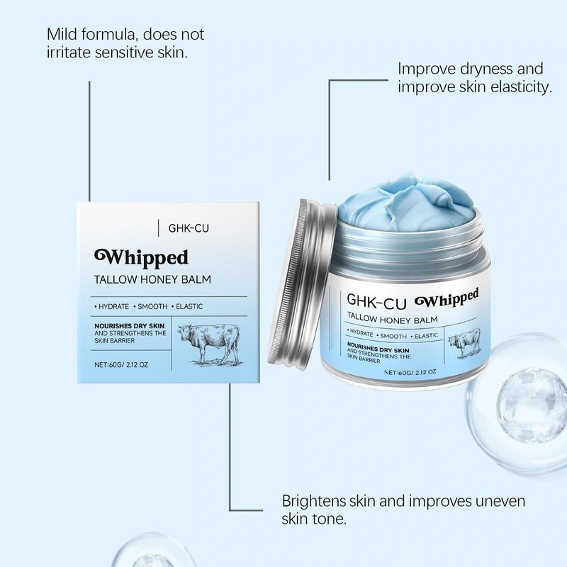 GHK-Cu Copper Peptides Beef Tallow Balm, Whipped Grass-Fed Tallow, Honey