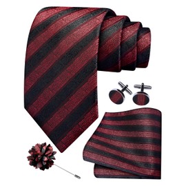 GUSLESON Burgundy Black Tie for Men Striped Wedding Silk Necktie Pocket Square Cufflinks and Lapel Pin Brooch Set (6108-11)