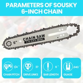 SOUSKY 6 IN Chainsaw Chains, Chainsaw Blades 4 Pieces - 1/4" LP Pitch, .043" Gauge, 37 Drive Links, Replacement Chainsaw Chain Accessories for All 6 IN Cordless Electric Mini Chainsaws