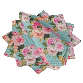 S4Sassy Green Stripe & Ranunculus Floral Printed Dinning Tableware Fabric Cocktail Napkin Set 18 x 18(Pack of 6)