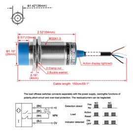 Heschen M30 Capacitive Proximity Sensor Switch, Non-Shield Type, LJC30A3-H-Z/CX, Detector 1-15mm, 10-30VDC 200mA, NPN NO+NC, 4 Wire