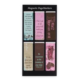 Christian Art Gifts Magnetic Scripture Bookmark Set for Women & Girls with Bible Verse: Grace - Vintage Floral Themed Inspirational Magnetic Pagemarkers Set of 6 for Bibles and Books, Size 2.3” x 0.8”