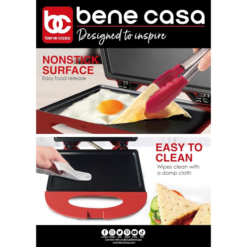 Bene Casa - Red Nonstick Flat Grill Sandwich Maker -