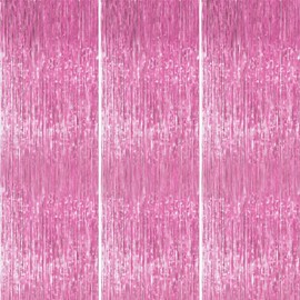PartyWoo Pink Streamers Tinsel Backdrop Curtain 3pcs 8.2ft Foil Fringe Curtain for Baby Shower Bridal Shower Wedding Pink Cheetah Princess Girl Pajama Theme Birthday Party Celebration Decorations